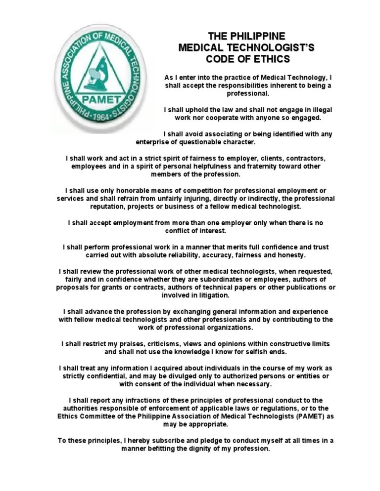 The Philippine Code of Ethics of the Medical Technologists Profession