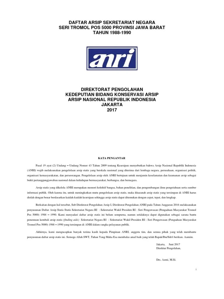Daftar Arsip Tekstual Sekretariat Negara Seri Tromol Pos 5000 Prov. Jawa  Barat 19881990 1630544702 | PDF