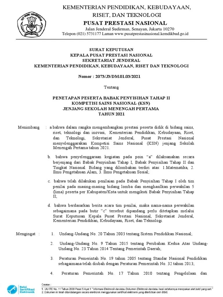 SK Peserta Tahap 2 KSN SMP Tahun 2021 | PDF