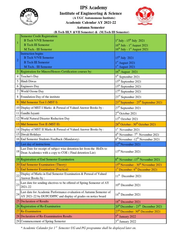IPS Academy Academic Calendar 202122 PDF Academic Term Academia