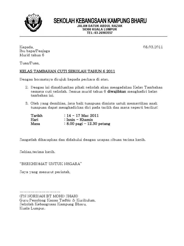 Contoh Surat Makluman Program Kepada Ibu Bapa  Contoh Surat Makluman