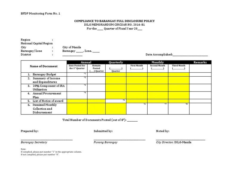 Barangay Full Disclosure Policy BFDP Form PDF Government Economies