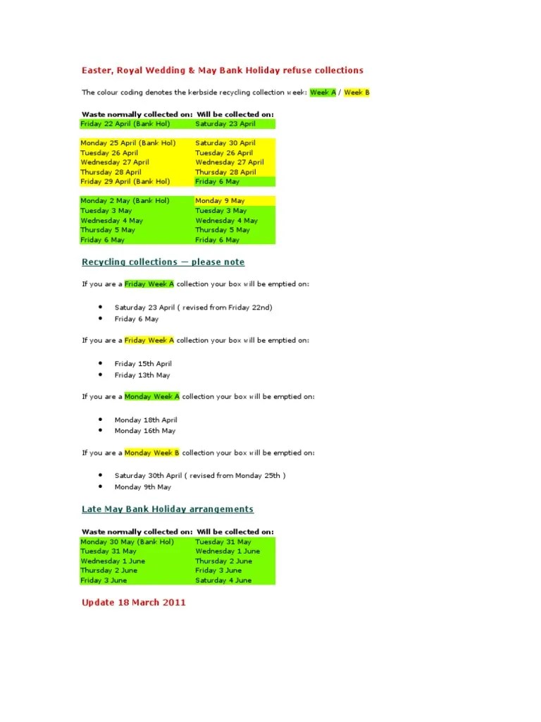 Easter, Royal Wedding & May Bank Holiday Refuse Collections Recycling