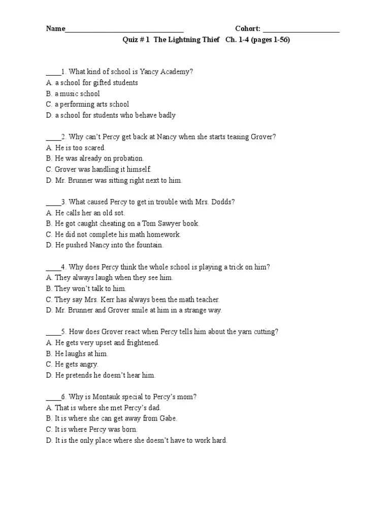 Percy Jackson Reading Quizzes and Entrance Tickets | PDF