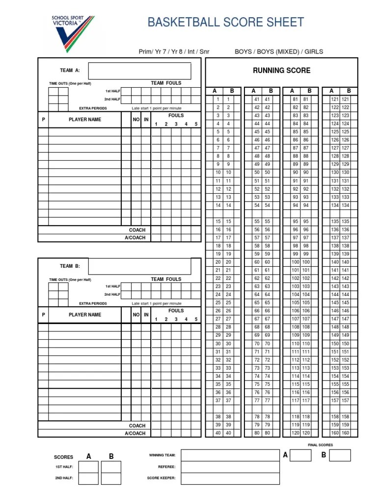 Basketball Score Sheet PDF Sports Team Sports