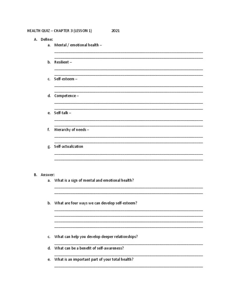 HEALTH QUIZ Chapter 3 Lesson 1 PDF Mental Health Self Esteem