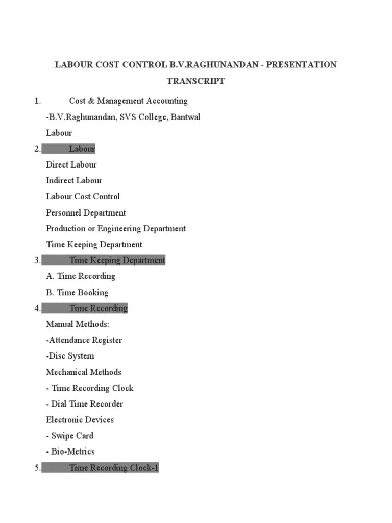 Labour Cost Control B PDF Piece Work Labour Economics