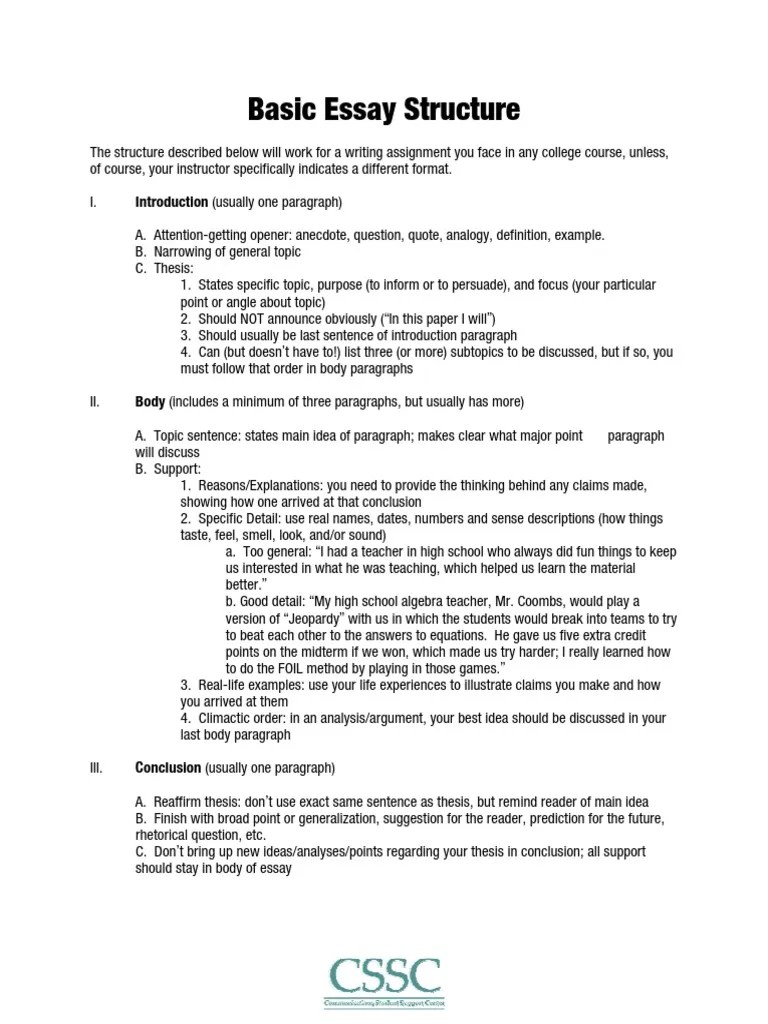 Basic Essay Structure Introduction (Usually One Paragraph) PDF