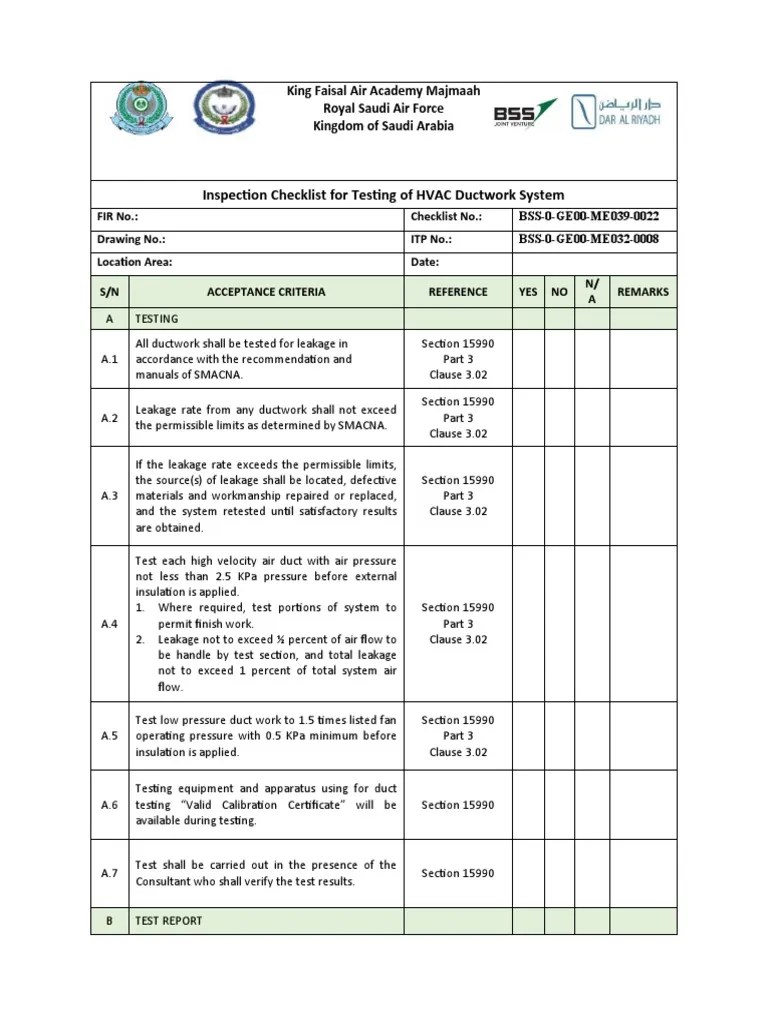 Inspection Checklist For Testing of HVAC Ductwork System PDF Duct
