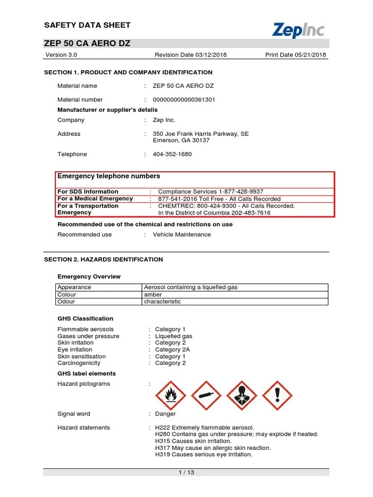 Zep 50 Ca Aero DZ Safety Data Sheet PDF Firefighting Toxicity