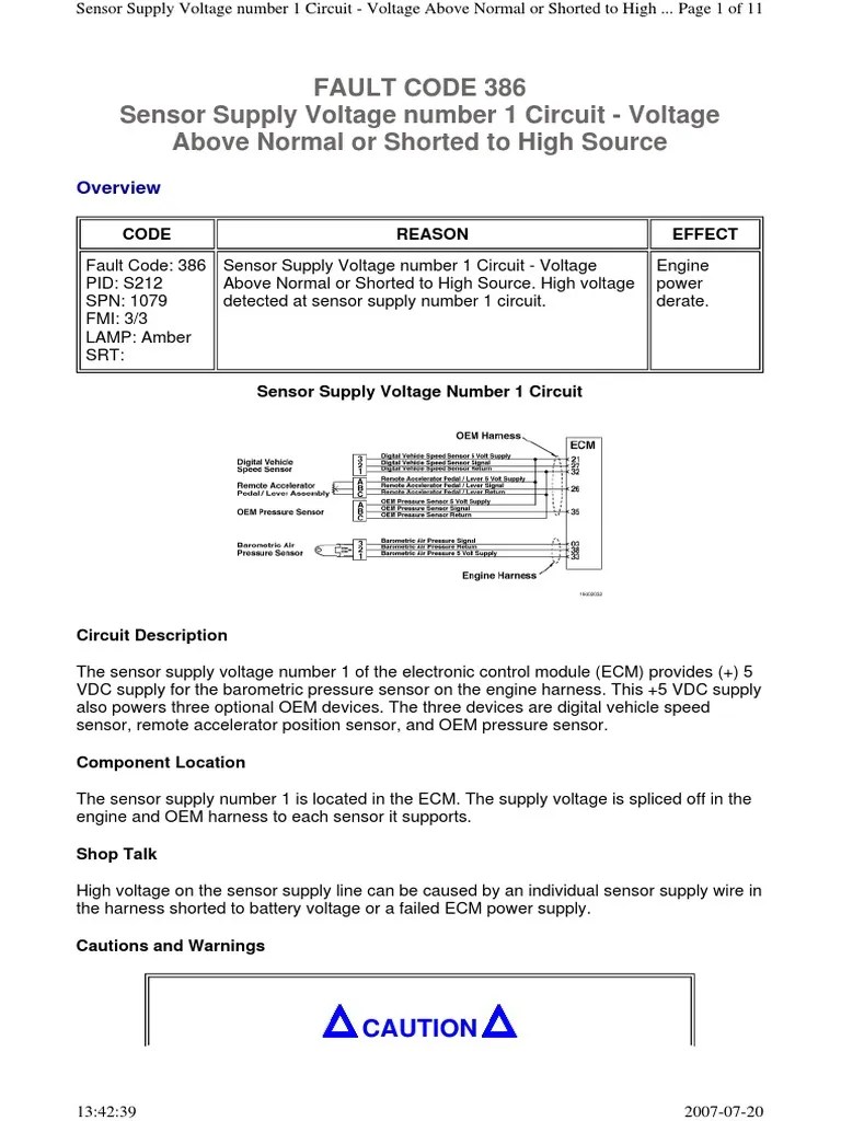 Fault Code 386 Sensor Supply Voltage Number 1 Circuit Voltage Above