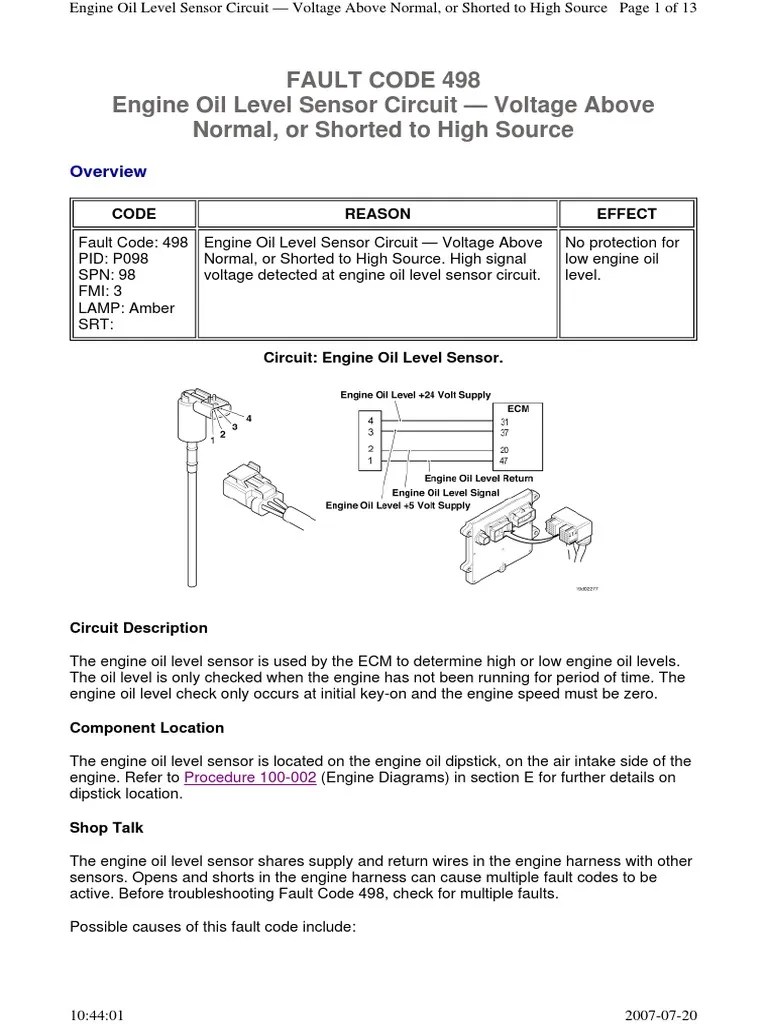 Fault Code 498 Engine Oil Level Sensor Circuit Voltage Above Normal