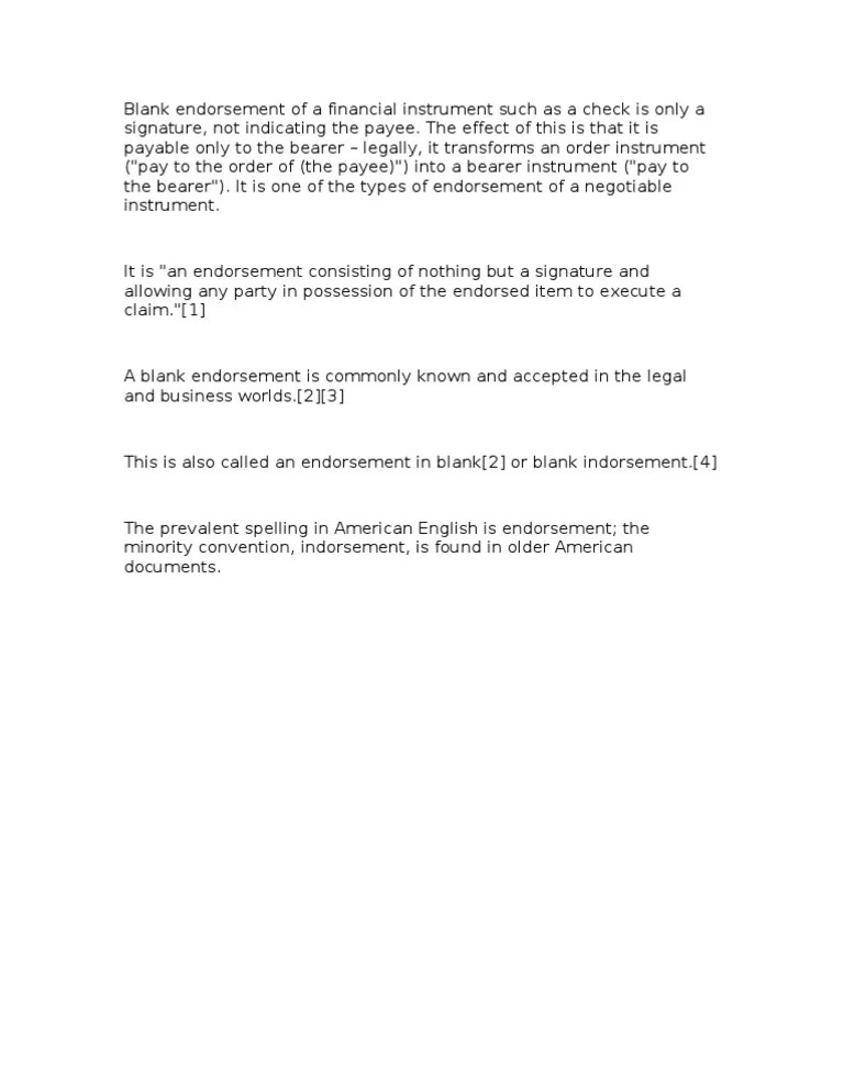 Blank Endorsement of a Financial Instrument Such as a Check is Only a Signature