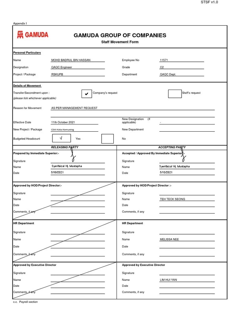 Gamuda Group of Companies Staff Movement Form PDF