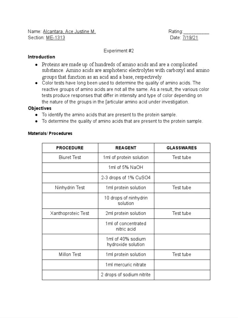 Experiment No. 2 Qualitative Determination of Protein and Amino Acids