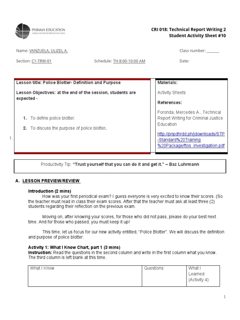 Lesson Title Police BlotterDefinition and Purpose Lesson Objectives