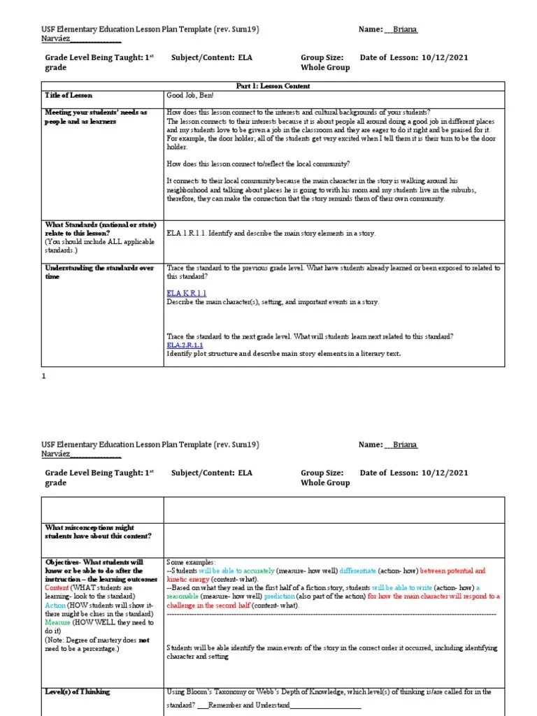 Name Briana USF Elementary Education Lesson Plan Template (Rev. Sum19) Narva!ez PDF