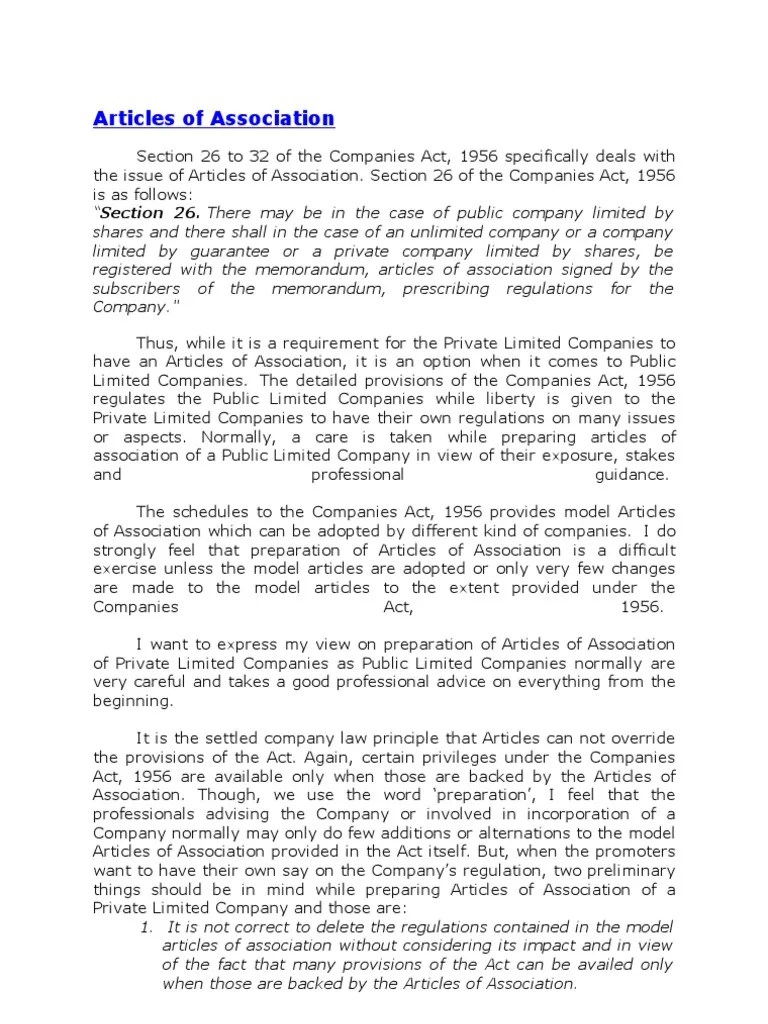 Articles of Association Articles Of Association Limited Company