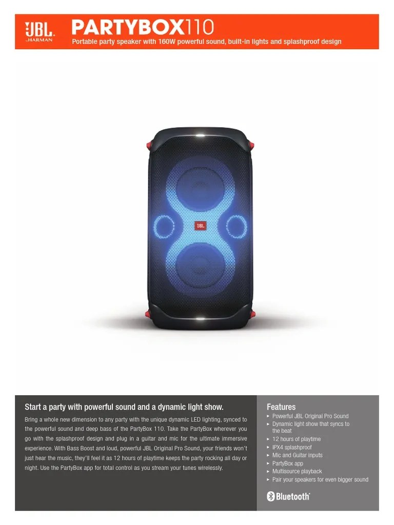 JBL PartyBox 110 SpecSheet English | PDF | Bluetooth | Microphone