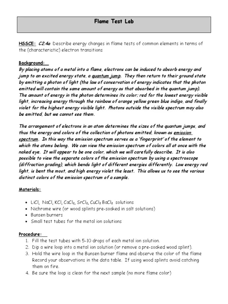 Flame Test Lab PDF Emission Spectrum Optics