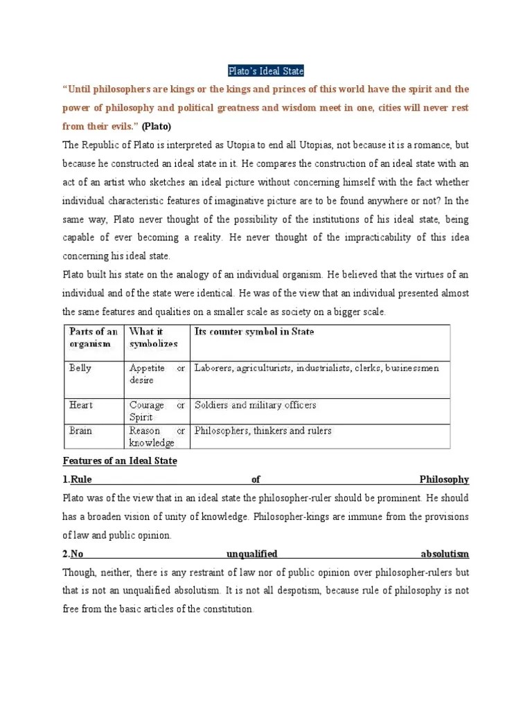 Plato's Ideal State Features of An Ideal State 1.rule of Philosophy