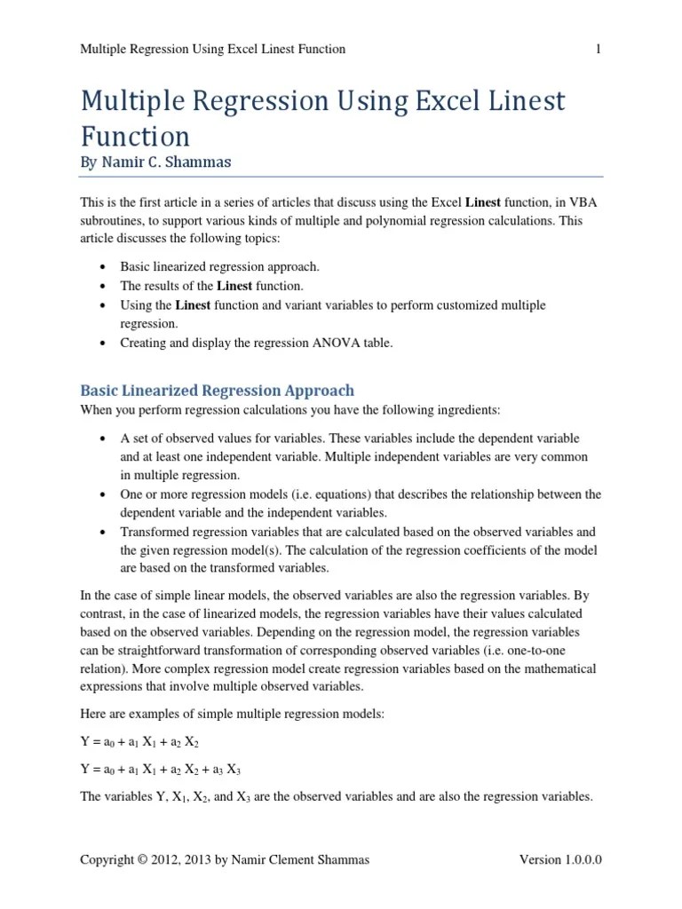 Multiple Regression Using Excel Linest Function by Namir C. Shammas