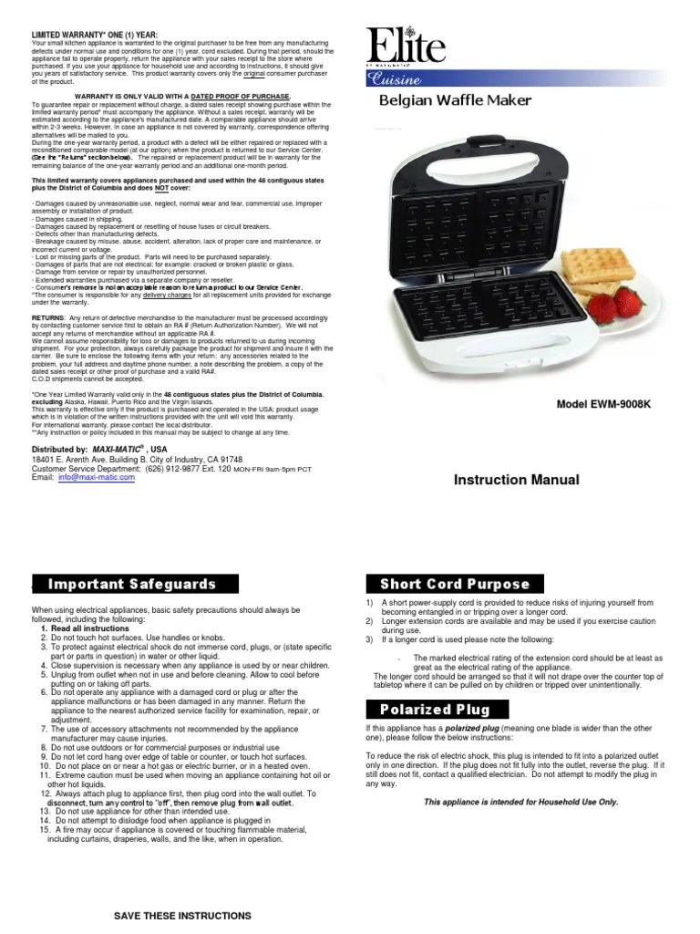 Belgian Waffle Maker Limited Warranty One (1) Year PDF Waffle