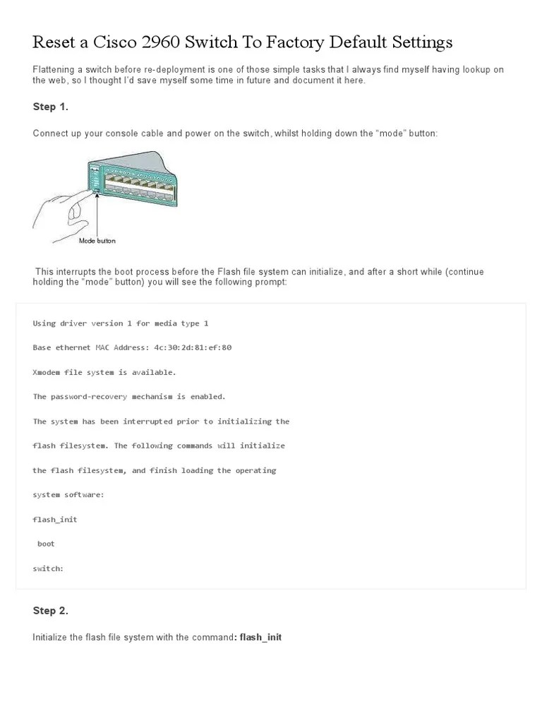 Reset A Cisco 2960 Switch To Factory Default Settings | PDF | Command