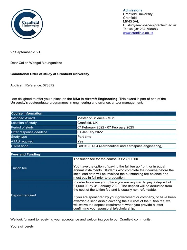 Conditional Offer of Study at Cranfield University WWW Cranfield.ac