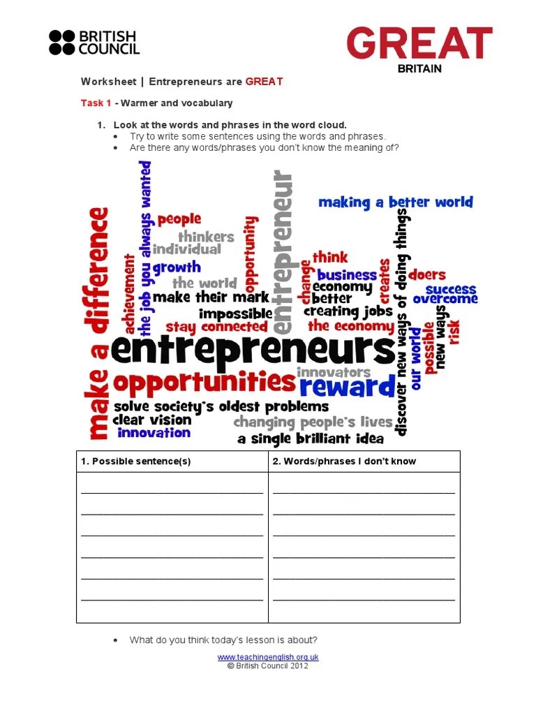 Entrepreneurs Are Great Worksheets Updated PDF Entrepreneurship Business