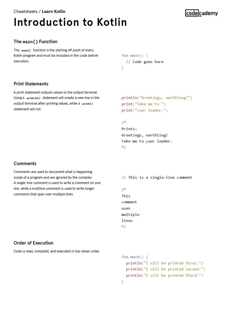 Learn Kotlin Introduction To Kotlin Cheatsheet Codecademy PDF