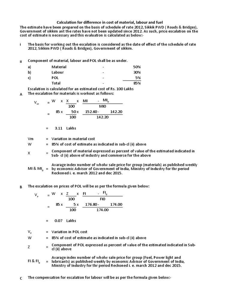 Calculating Cost Escalation for Materials, Labor, and Fuel in