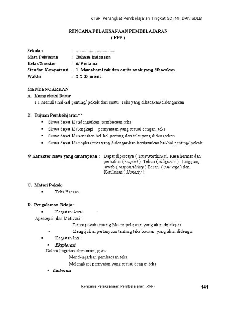 Rpp Bahasa Indonesia Kelas 6 Semester 1 Dan 2