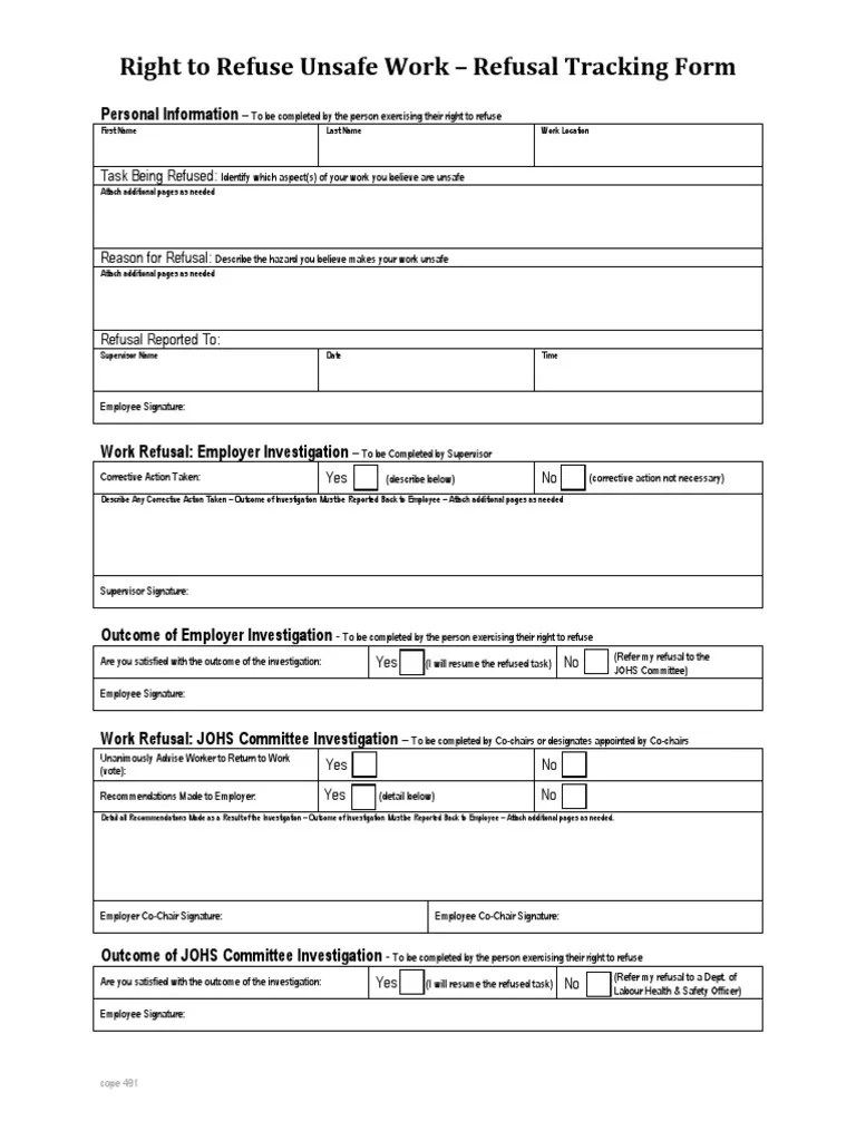 Right To Refuse Unsafe Work Refusal Tracking Form Personal