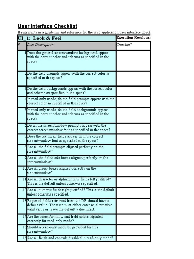 User Interface Checklist UI 1 Look & Feel Item Description