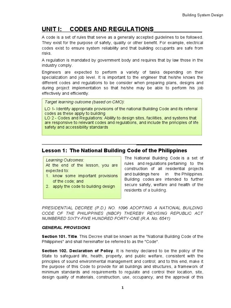 Unit I CODES AND REGULATIONS Lesson 1 The National Building Code