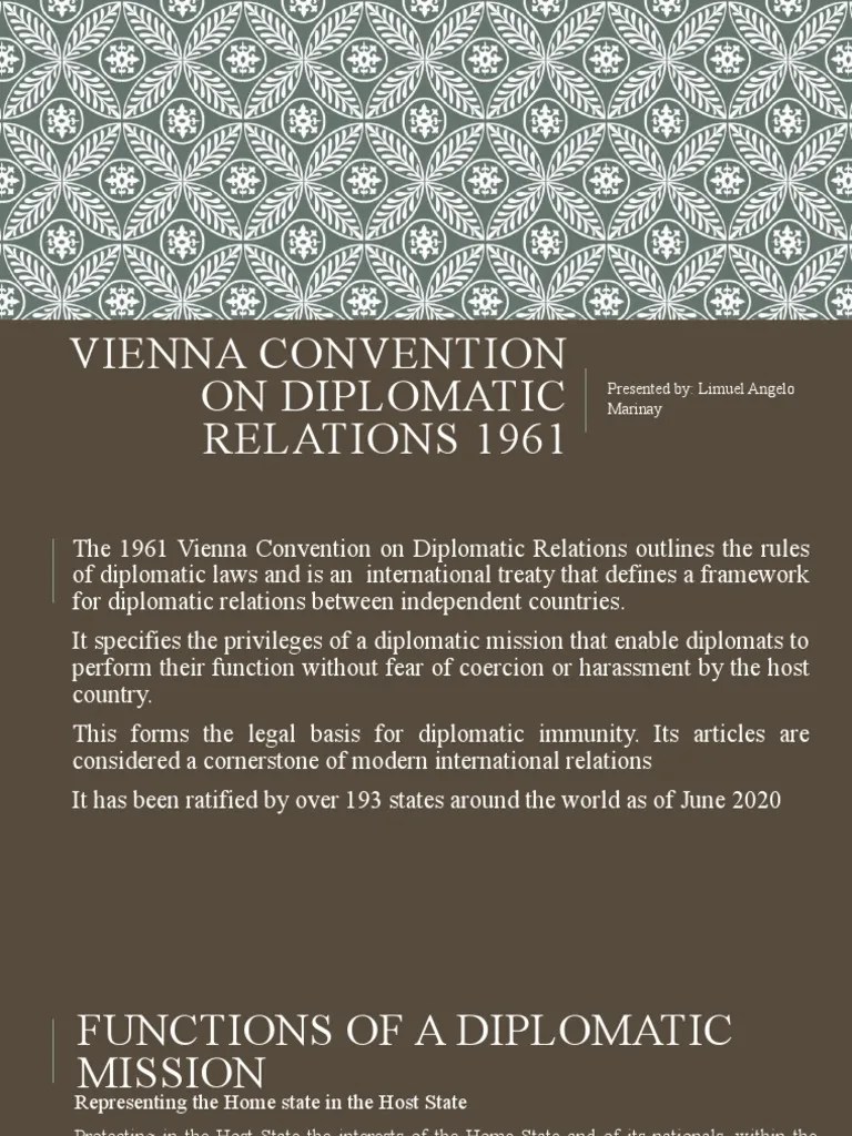 Vienna Convention On Diplomatic Relations 1961 Presented By Limuel Angelo Marinay PDF