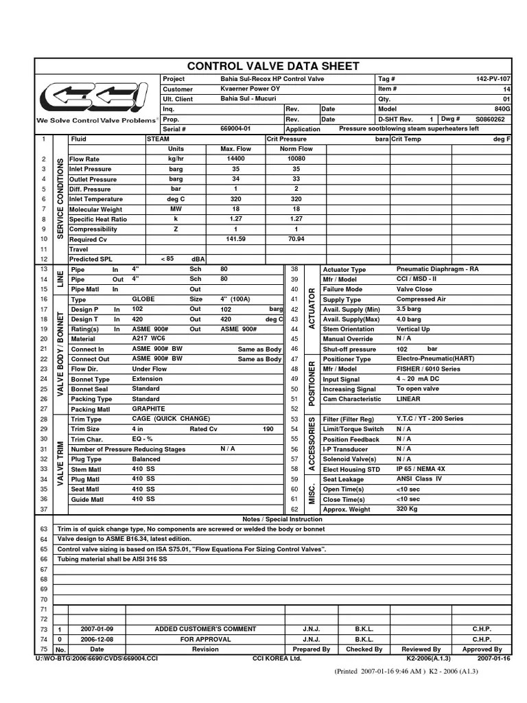 CONTROL VALVE DATA SHEET PDF Valve Plumbing