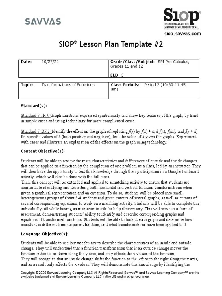2Siop Lesson Plan Template 2020 PDF Function (Mathematics) Lesson Plan