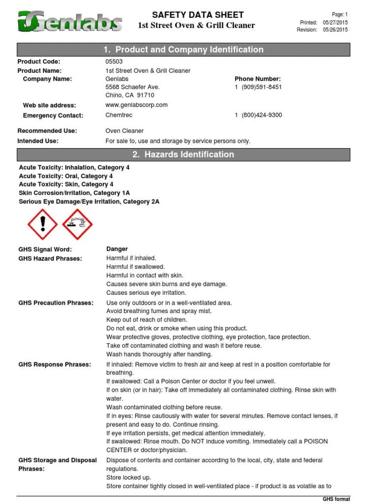 Product and Company Identification 1st Street Oven & Grill Cleaner Safety Data Sheet PDF