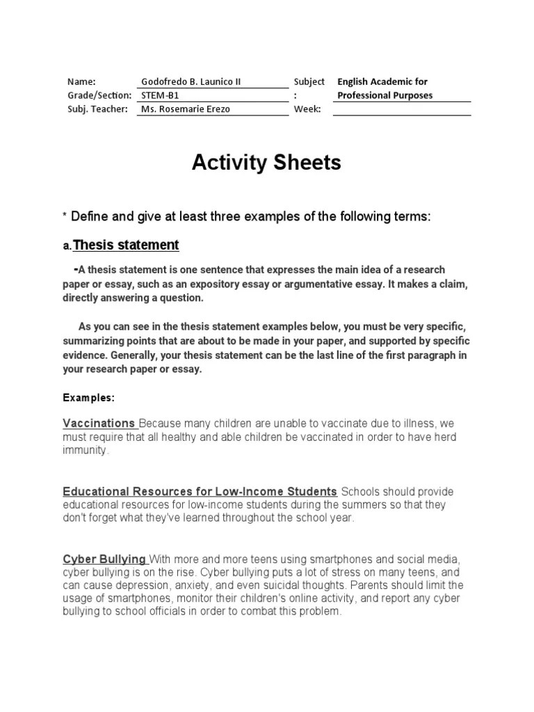 Activity Sheets Define and Give at Least Three Examples of The