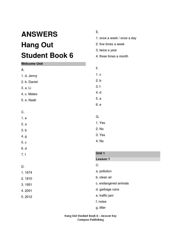 Answers Hang Out Student Book 6: Welcome Unit | PDF | Track And Field