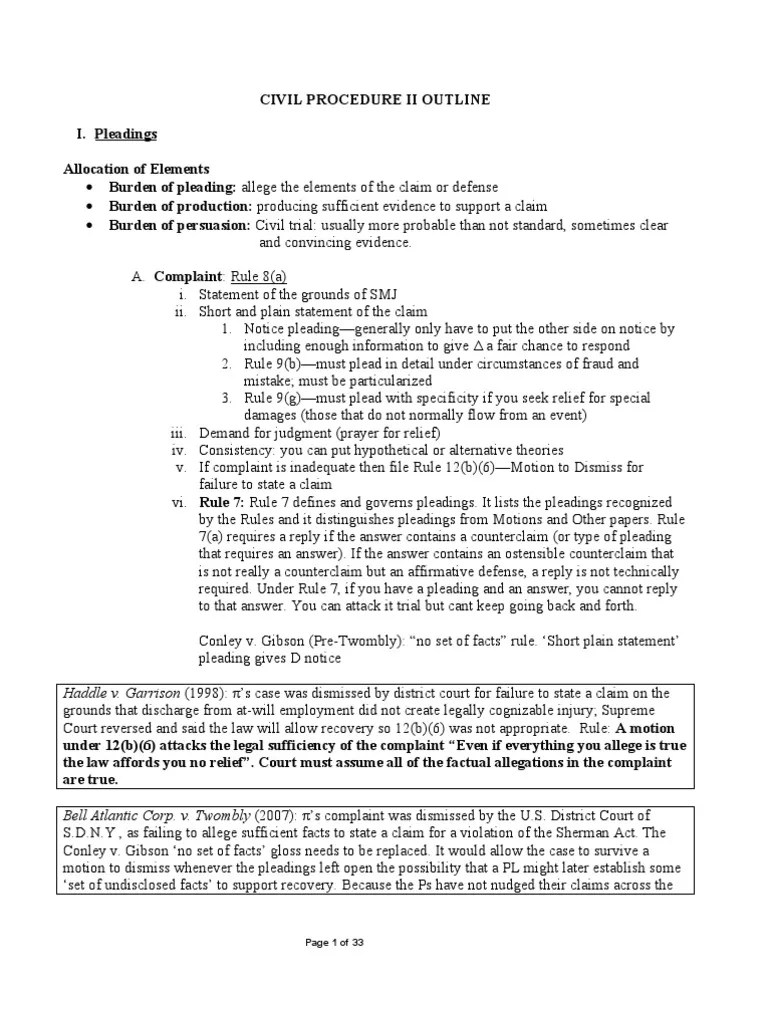Civ Pro II Outline PDF Pleading Federal Rules Of Civil Procedure