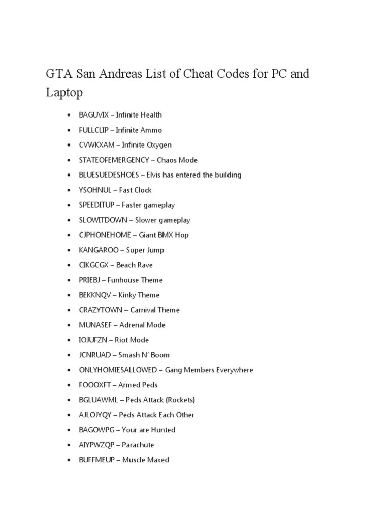 GTA San Andreas List of Cheat Codes For PC and Laptop PDF Transport