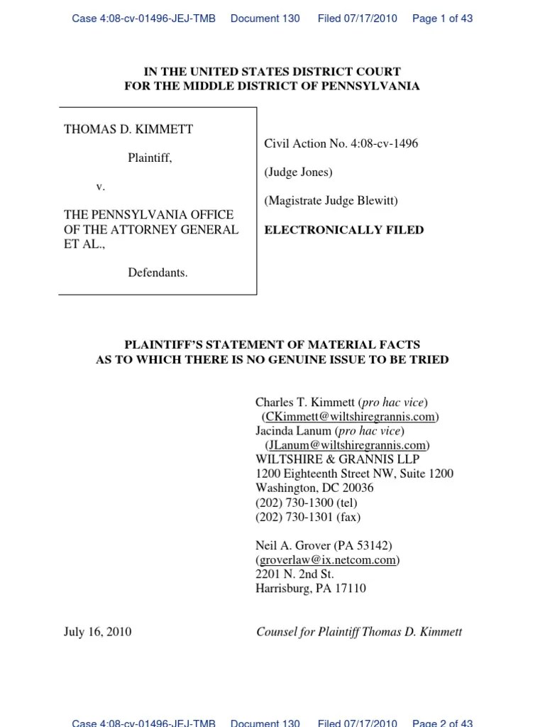 Statement of Facts Kimmett V Corbett Et Al Pennsylvania Corbett Case Fraud Waste Wrongdoing