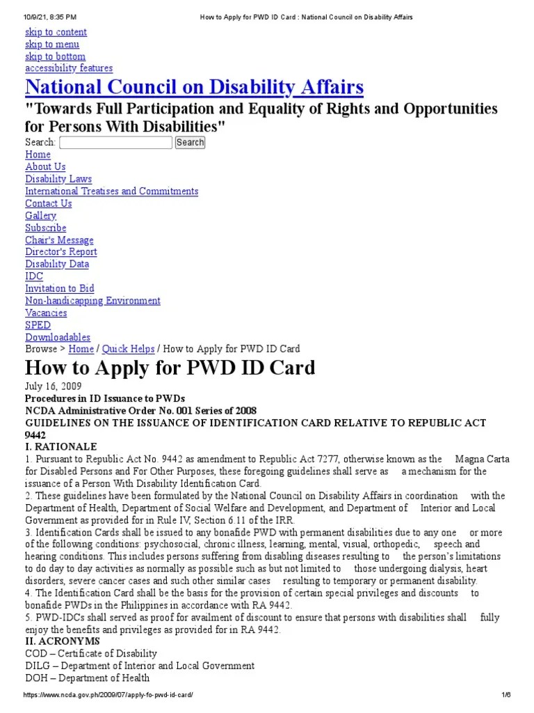 How To Apply For PWD ID Card National Council On Disability Affairs PDF Disability