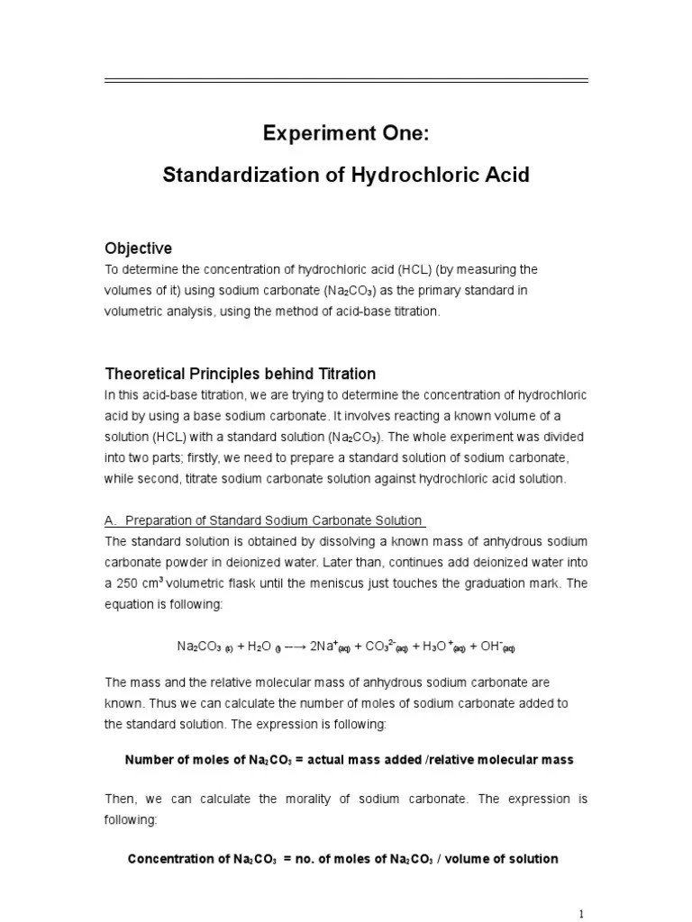 Standardization of Hydrochloric Acid Titration Hydrochloric Acid