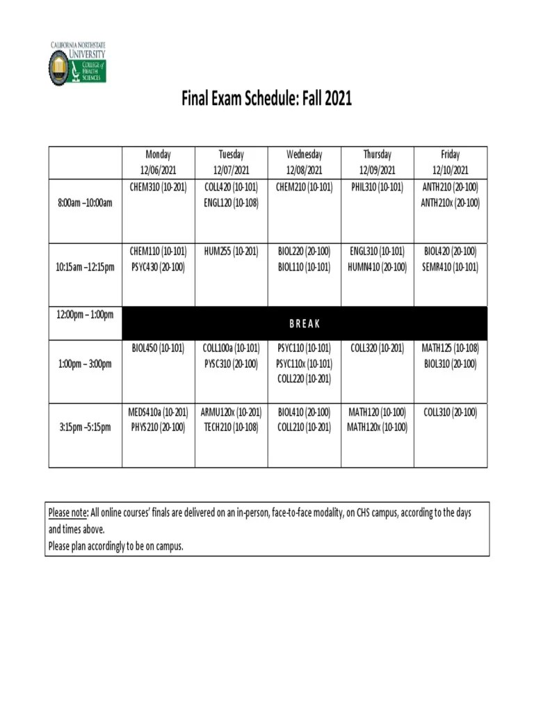 Final Exam Schedule Fall 2021 PDF