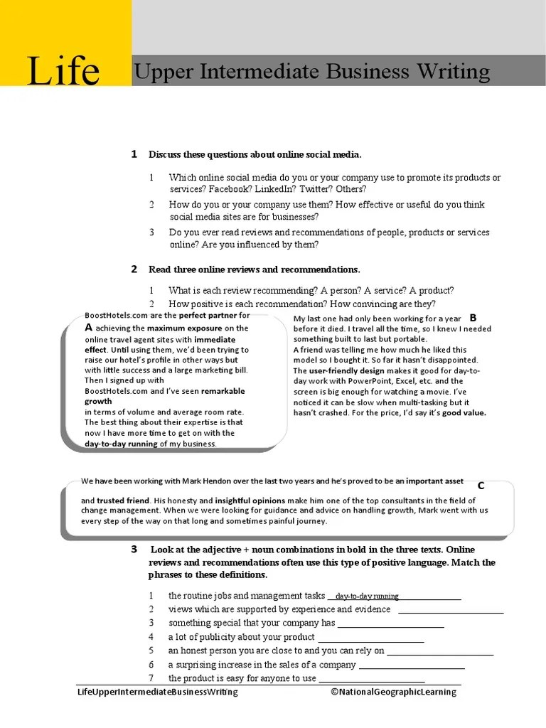 Upper Intermediate Business Writing Worksheet 2 Online Reviews and