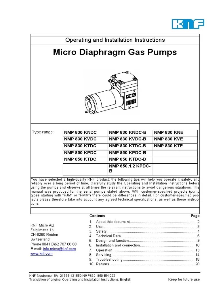 Micro Diaphragm Gas Pumps Operating and Installation Instructions
